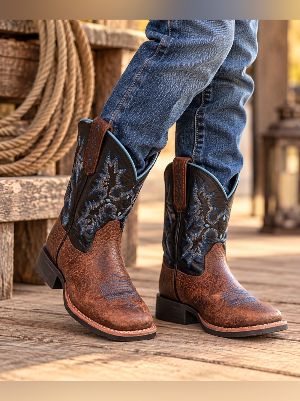 Ariat Youth Kids Brown Black Leather Western Cowboy Boots Blue Embroidery 9.5
